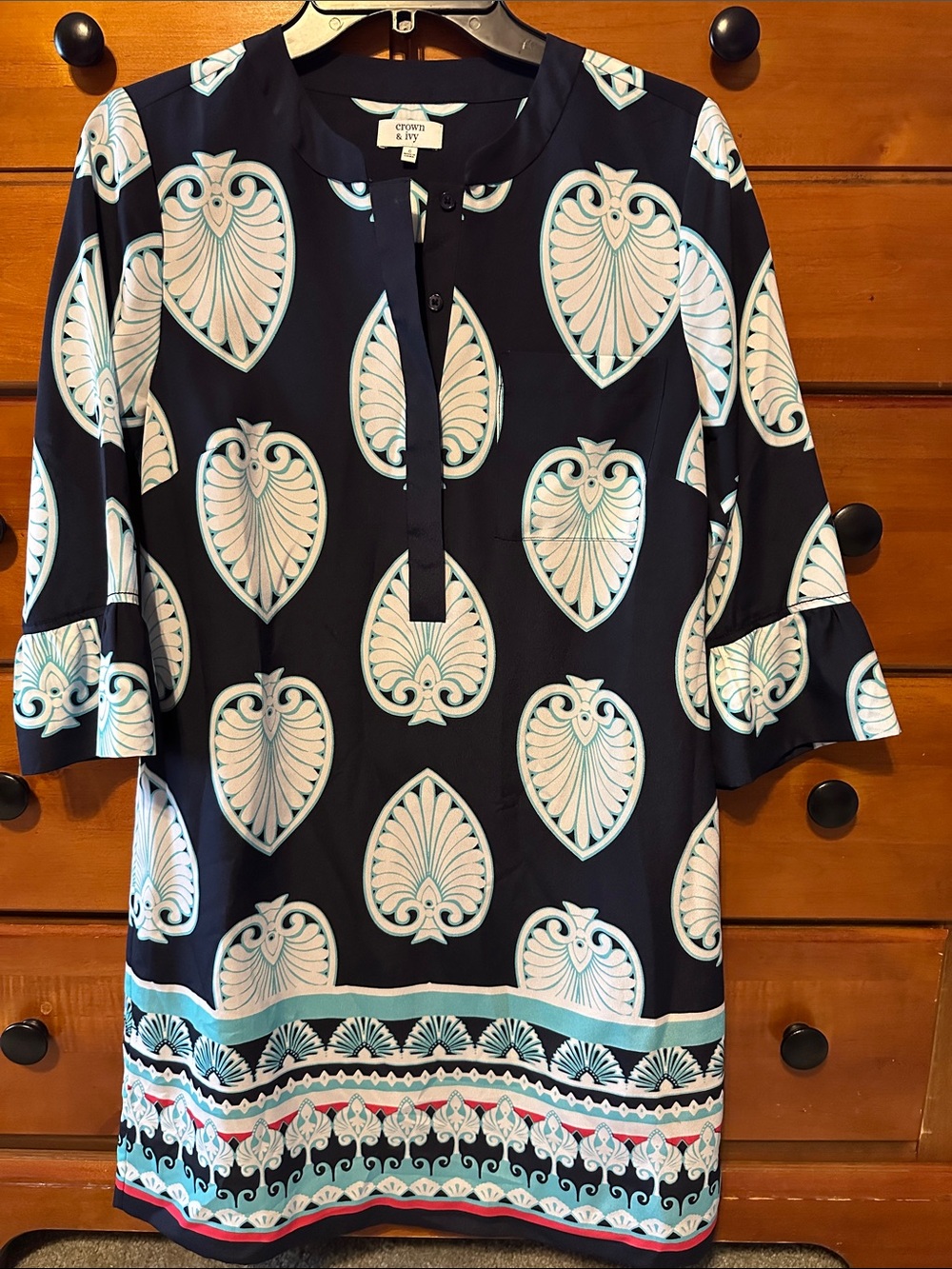 crown & ivy Navy Tunic with White and Light Blue Medallion Print